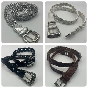Four Braided Belts Sz M / L Black White Silver Brown Leather
